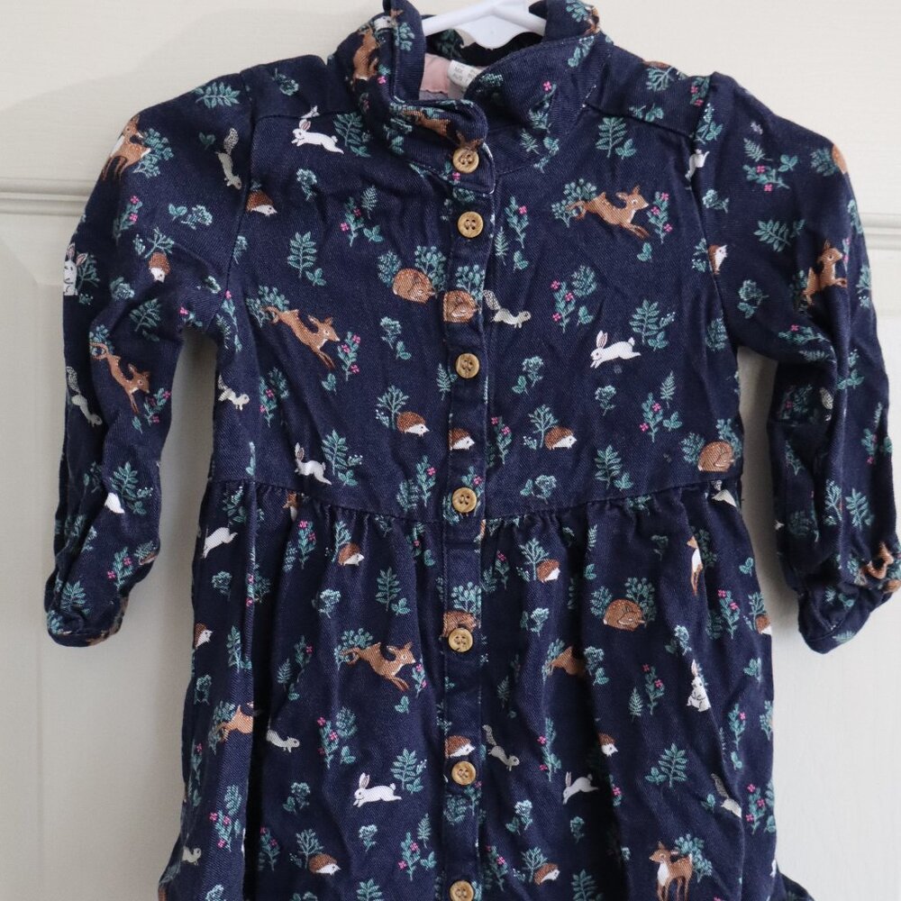 H&M  dress with buttons. Blue, green forest animals deer rabbit hedgehog